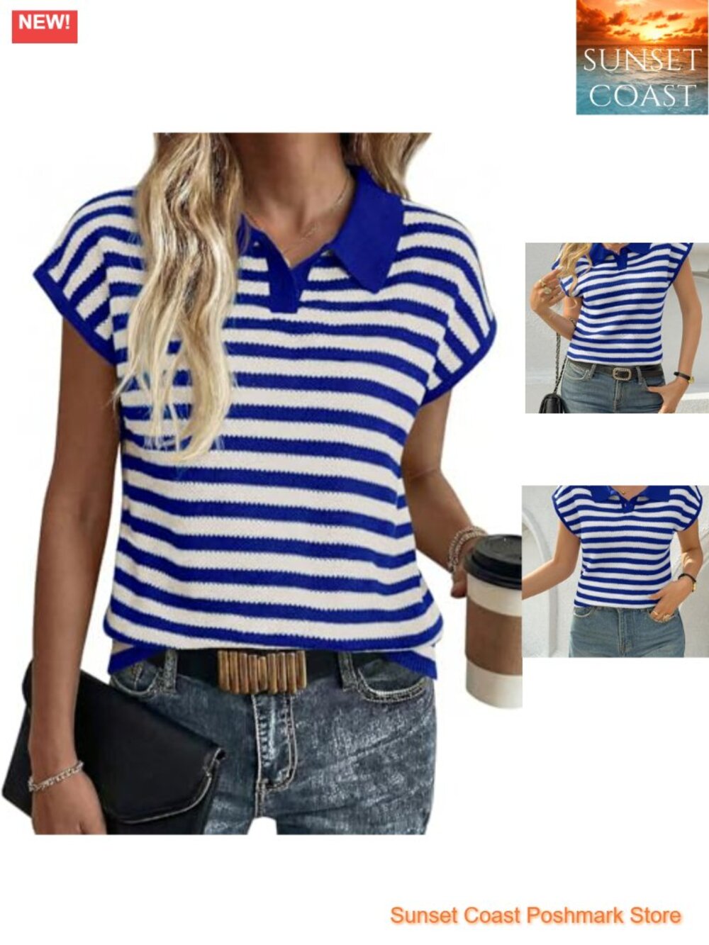 Striped Polo Sweater Cap Sleeve Button V Neck Collared Knit Pullover Top